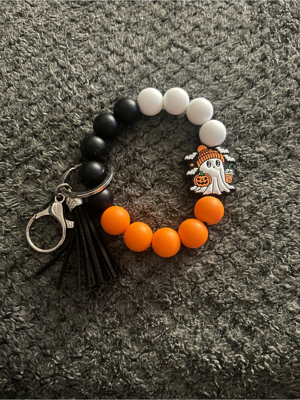 Hand Crafted Orange Black White Halloween Beaded Keychain Wristlet